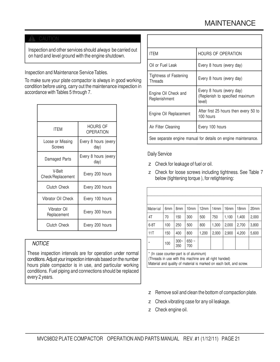 Multiquip MVC98D2 manual Inspection and Maintenance ServiceTables, Daily Service 