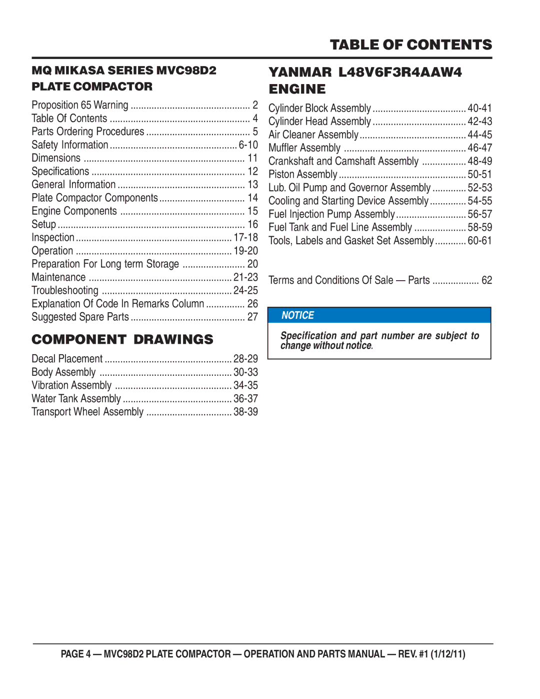 Multiquip MVC98D2 manual Table of Contents 