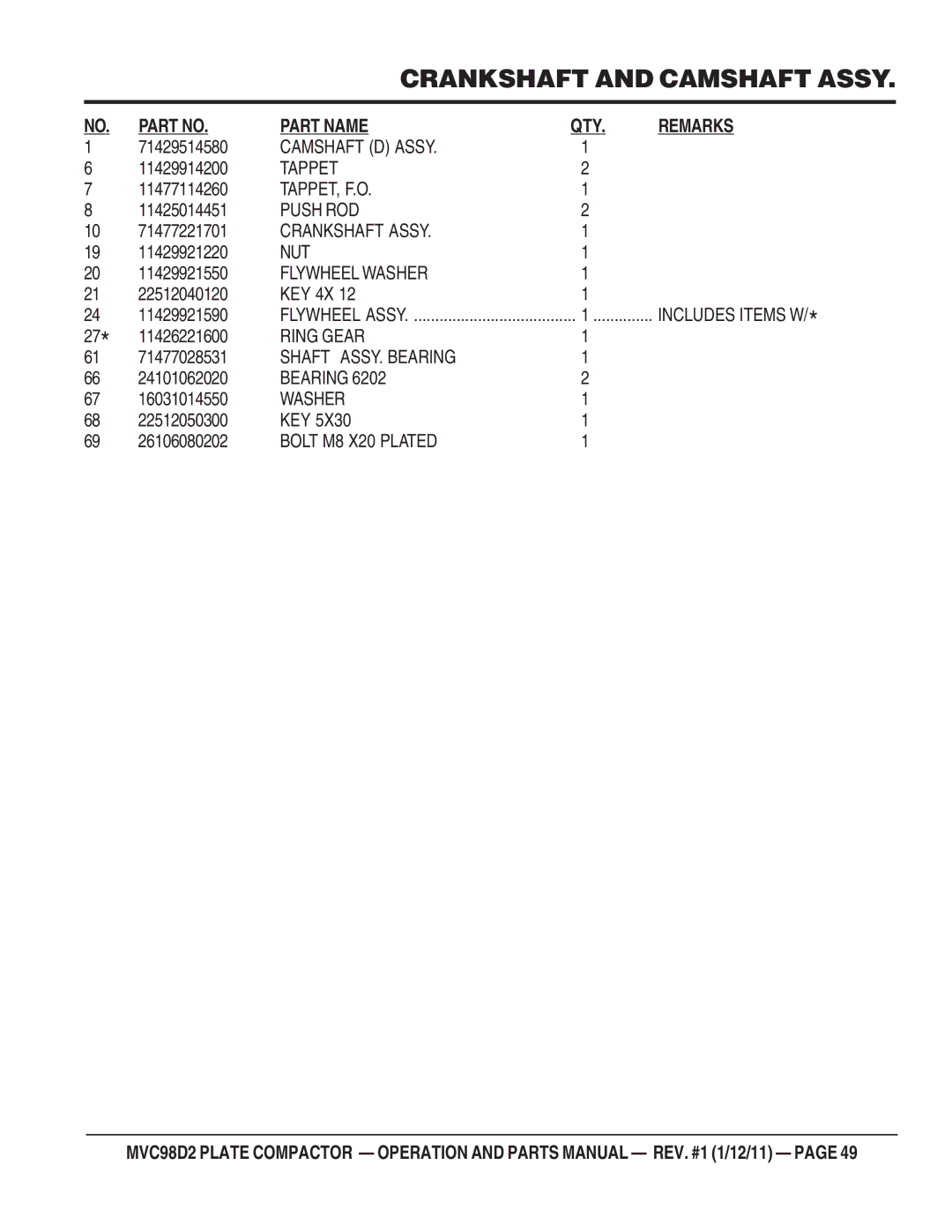 Multiquip MVC98D2 manual Camshaft D Assy 