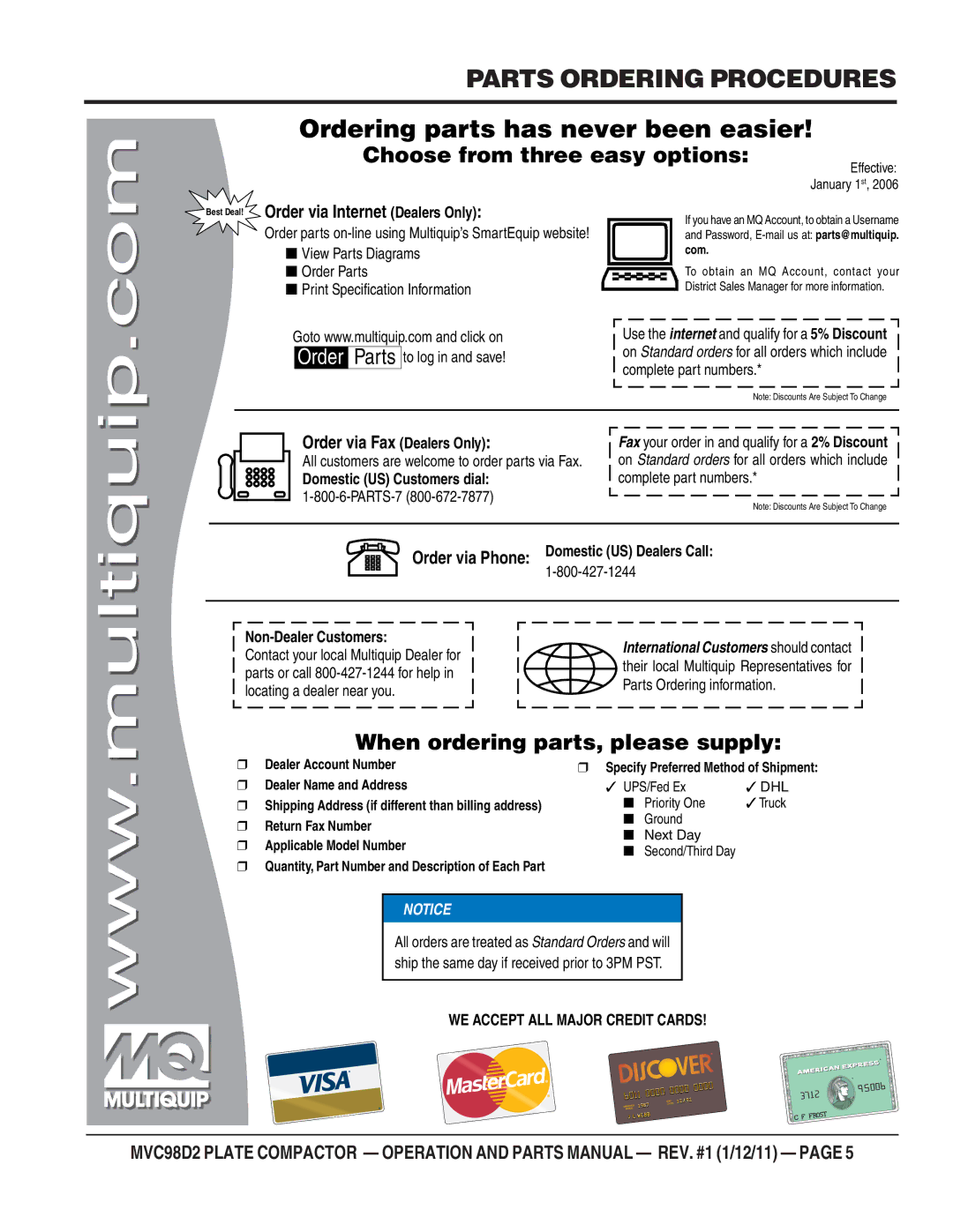 Multiquip MVC98D2 manual Parts Ordering Procedures, Ordering parts has never been easier 