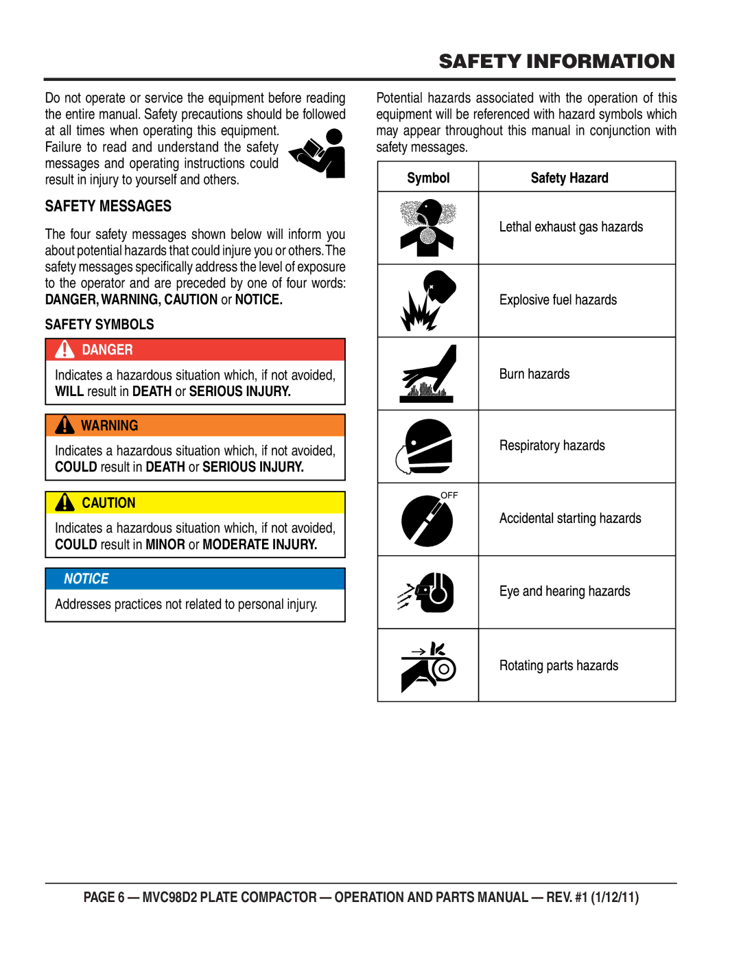 Multiquip MVC98D2 manual Safety Information, Safety Messages 