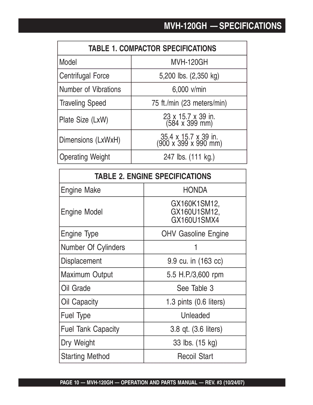 Multiquip manual MVH-120GH Specifications, MVH-120GH Operation and Parts Manual REV. #3 10/24/07 