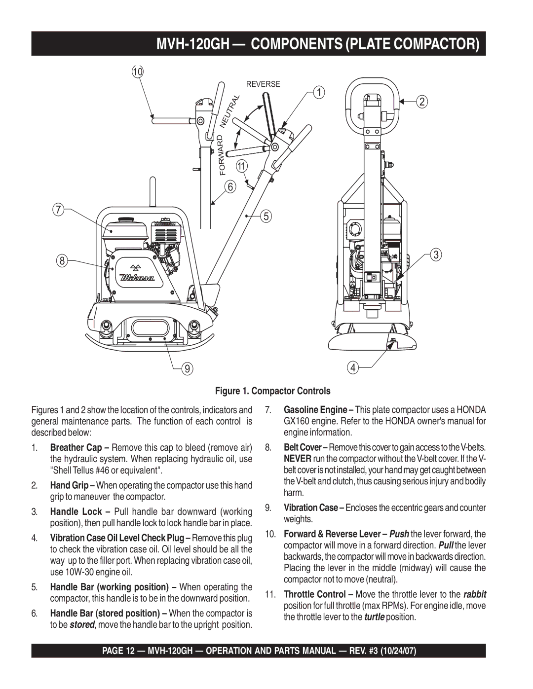 Multiquip manual MVH-120GH Operation and Parts Manual REV. #3 10/24/07, Forward 