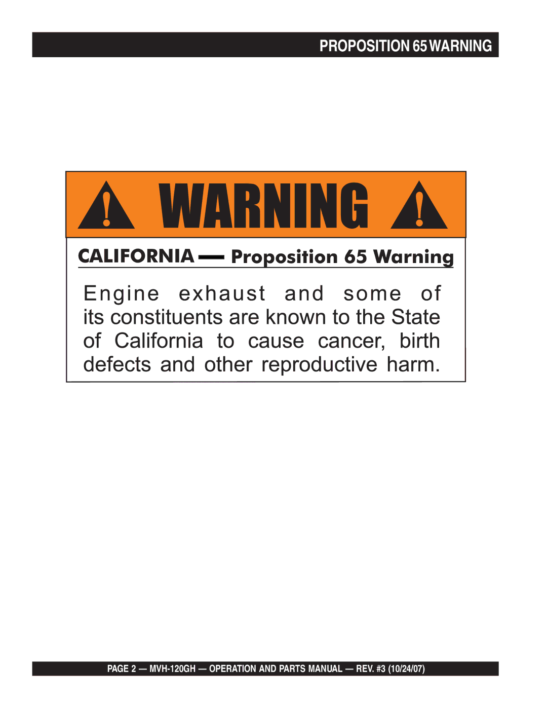 Multiquip manual Proposition 65WARNING, MVH-120GH Operation and Parts Manual REV. #3 10/24/07 