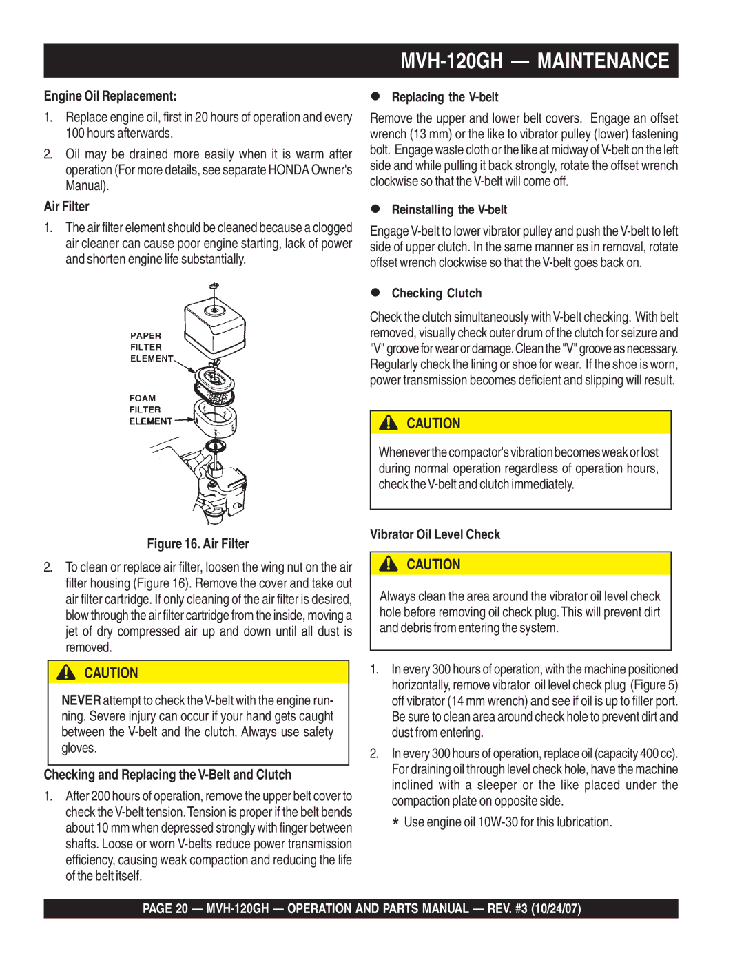 Multiquip manual MVH-120GH Maintenance, MVH-120GH Operation and Parts Manual REV. #3 10/24/07 