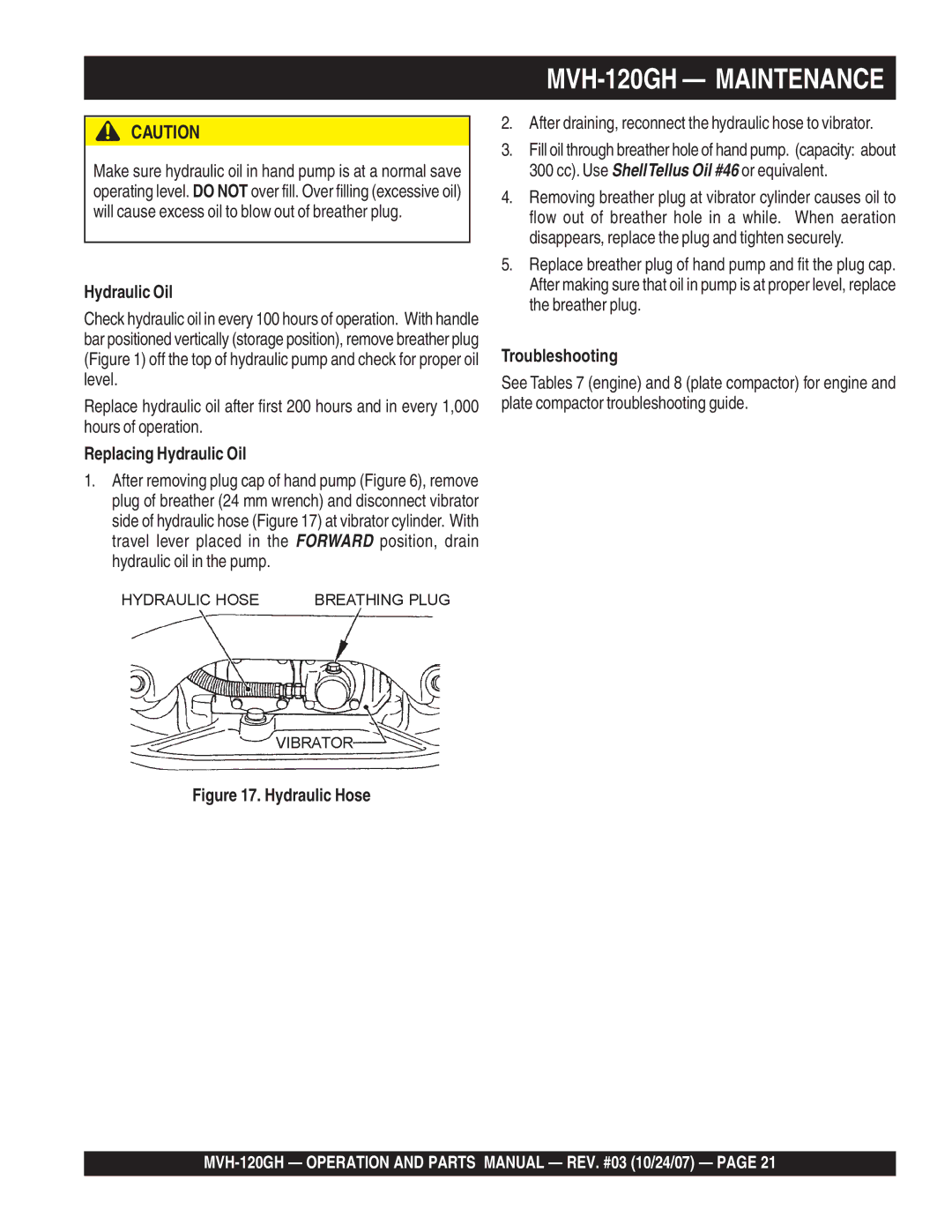 Multiquip MVH-120GH manual Replacing Hydraulic Oil, Troubleshooting 