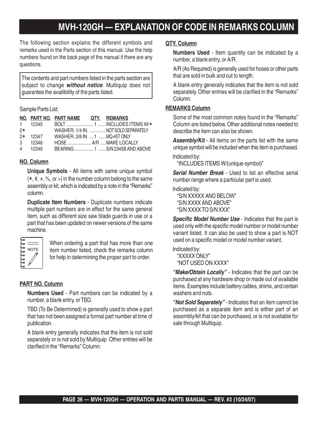 Multiquip MVH-120GH manual Part NO. Column, QTY. Column, Remarks Column 