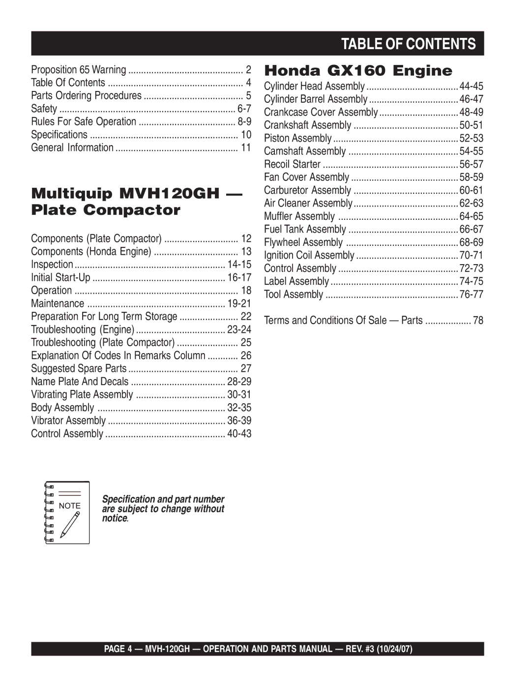 Multiquip MVH-120GH manual Table of Contents 