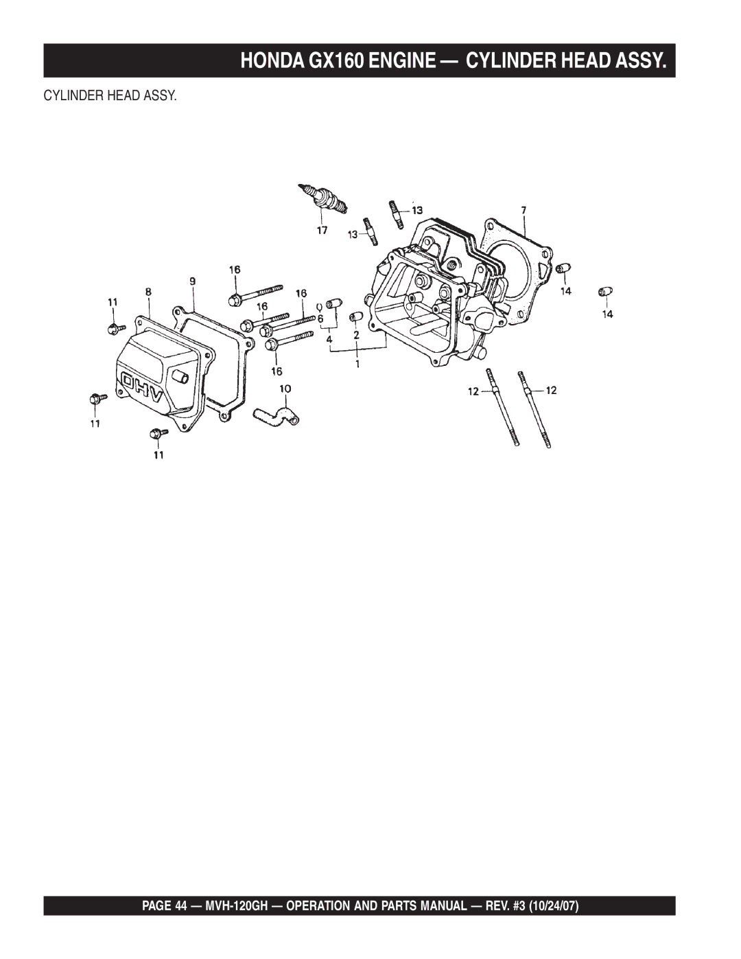 Multiquip manual Honda GX160 Engine Cylinder Head Assy, MVH-120GH Operation and Parts Manual REV. #3 10/24/07 