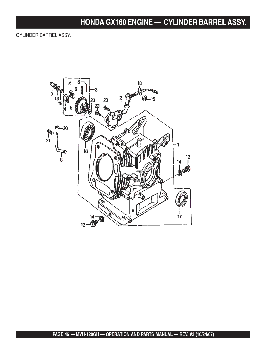 Multiquip manual Honda GX160 Engine Cylinder Barrel Assy, MVH-120GH Operation and Parts Manual REV. #3 10/24/07 