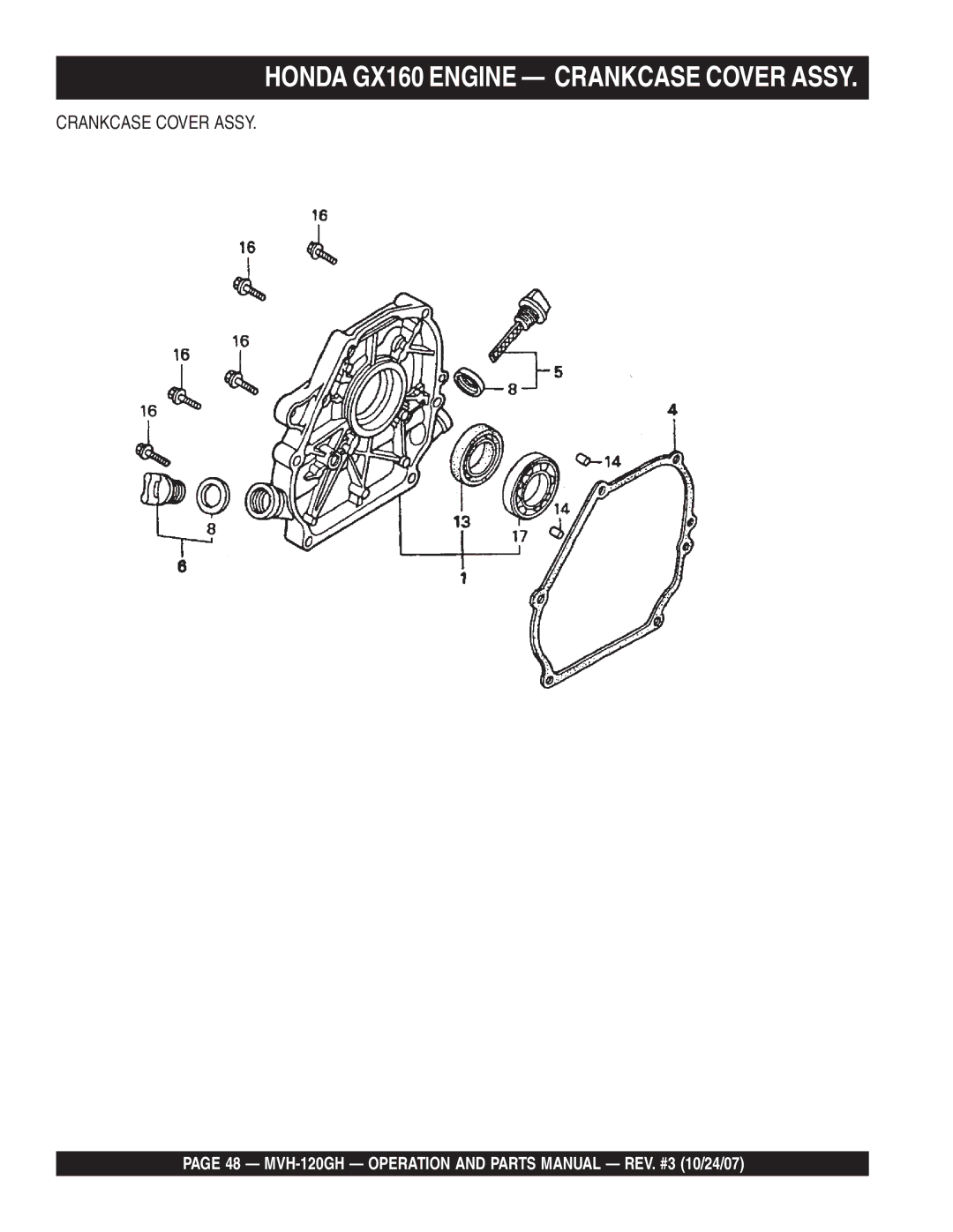 Multiquip manual Honda GX160 Engine Crankcase Cover Assy, MVH-120GH Operation and Parts Manual REV. #3 10/24/07 