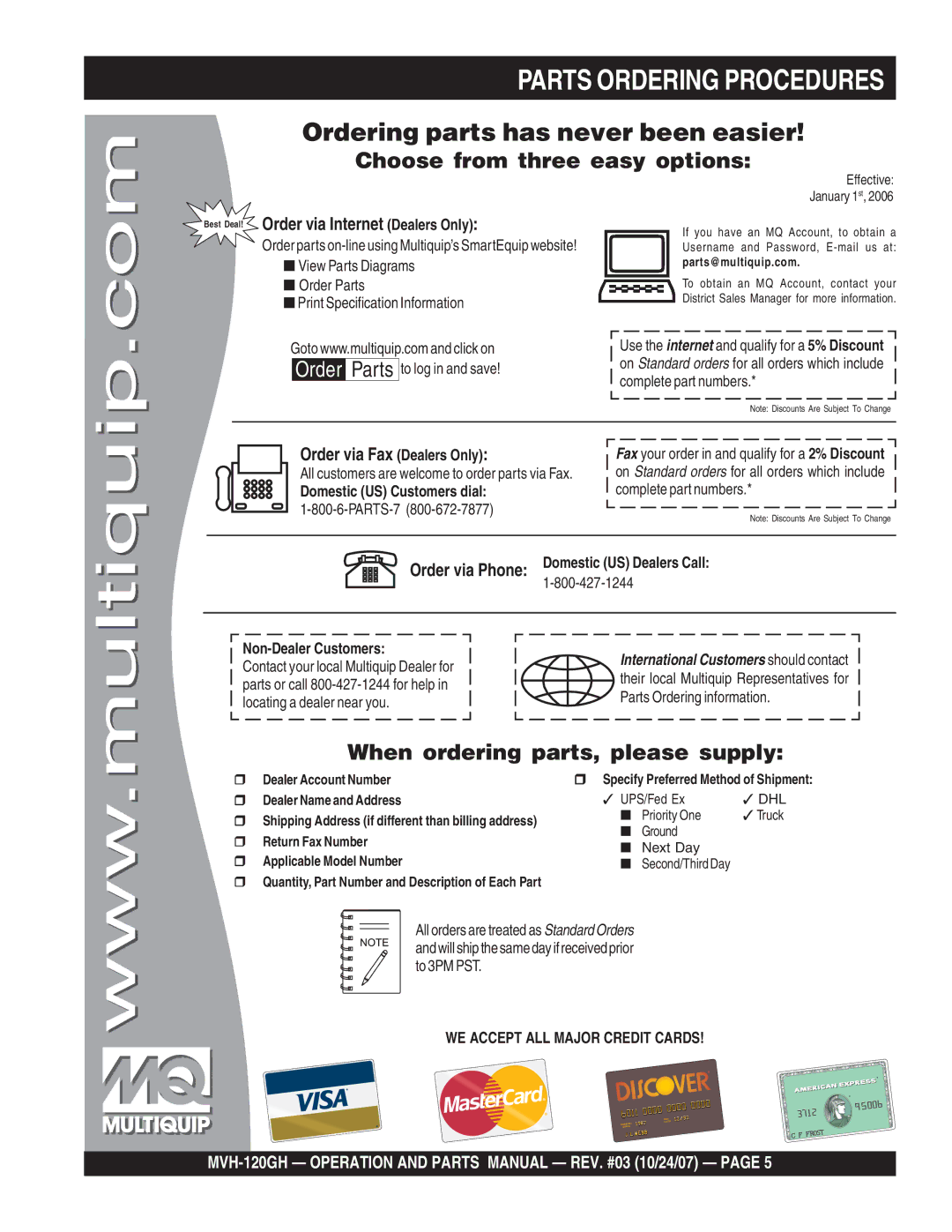 Multiquip MVH-120GH Parts Ordering Procedures, Best Deal! Order via Internet Dealers Only, Order via Fax Dealers Only 