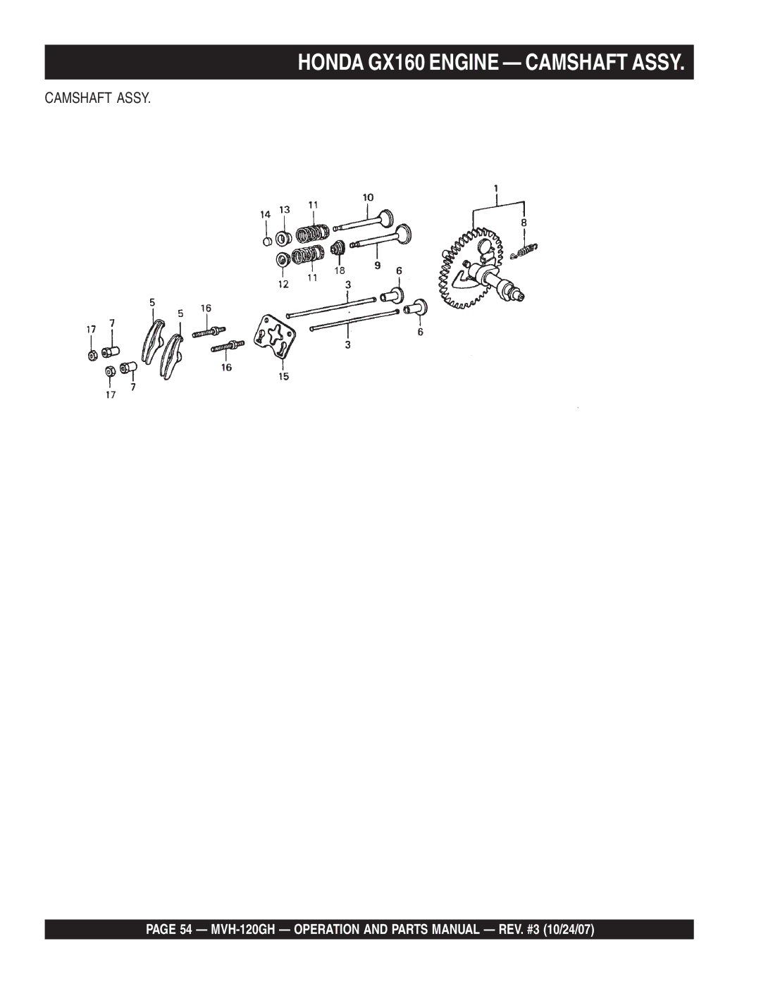 Multiquip manual Honda GX160 Engine Camshaft Assy, MVH-120GH Operation and Parts Manual REV. #3 10/24/07 