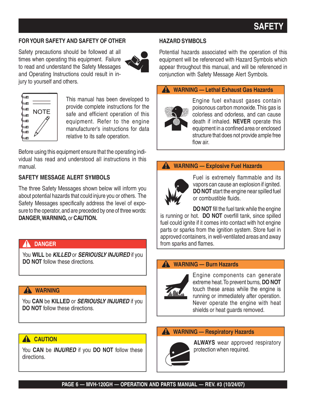 Multiquip manual Safety, MVH-120GH Operation and Parts Manual REV. #3 10/24/07 