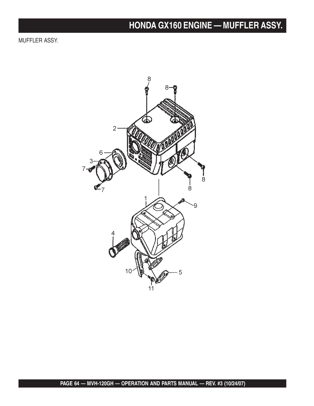 Multiquip manual Honda GX160 Engine Muffler Assy, MVH-120GH Operation and Parts Manual REV. #3 10/24/07 