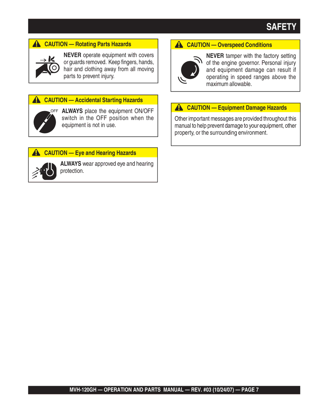 Multiquip MVH-120GH manual Always wear approved eye and hearing protection 