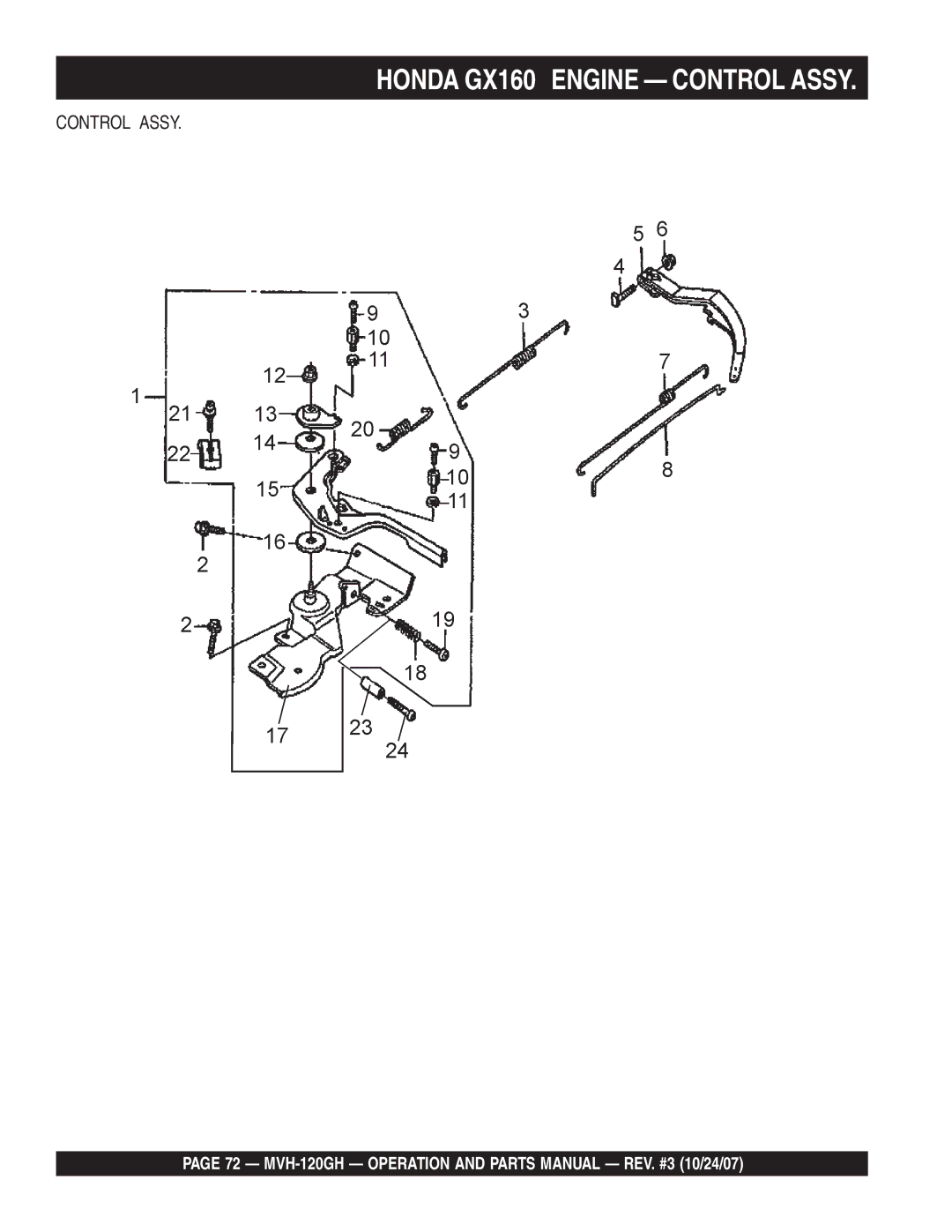 Multiquip manual Honda GX160 Engine Control Assy, MVH-120GH Operation and Parts Manual REV. #3 10/24/07 