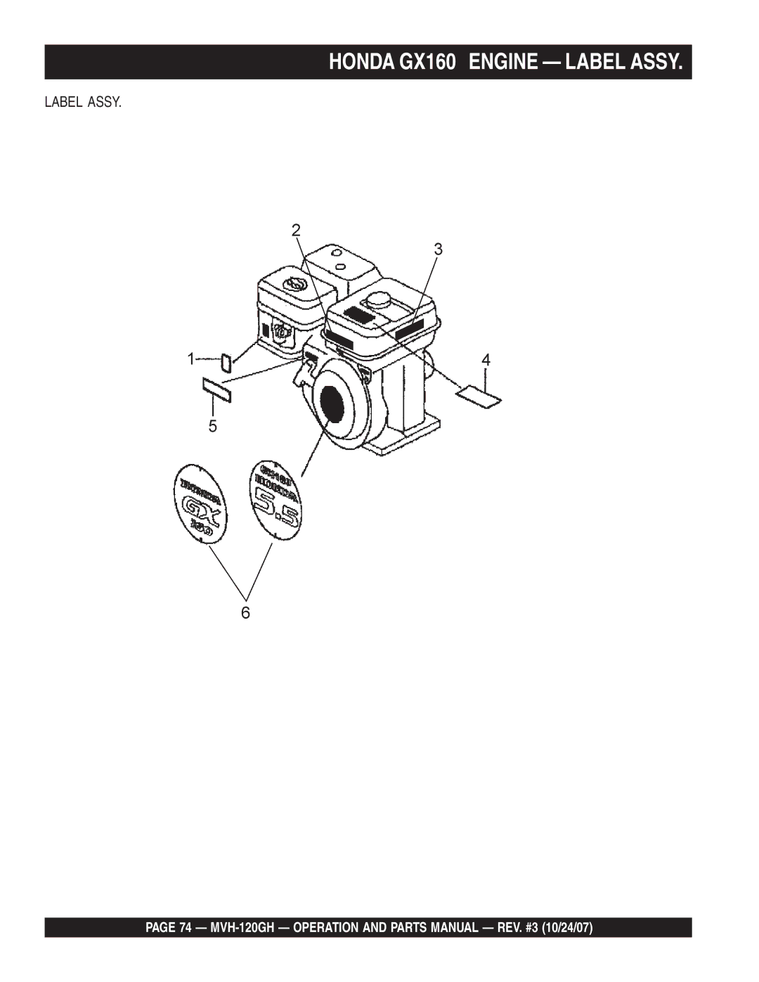 Multiquip manual Honda GX160 Engine Label Assy, MVH-120GH Operation and Parts Manual REV. #3 10/24/07 