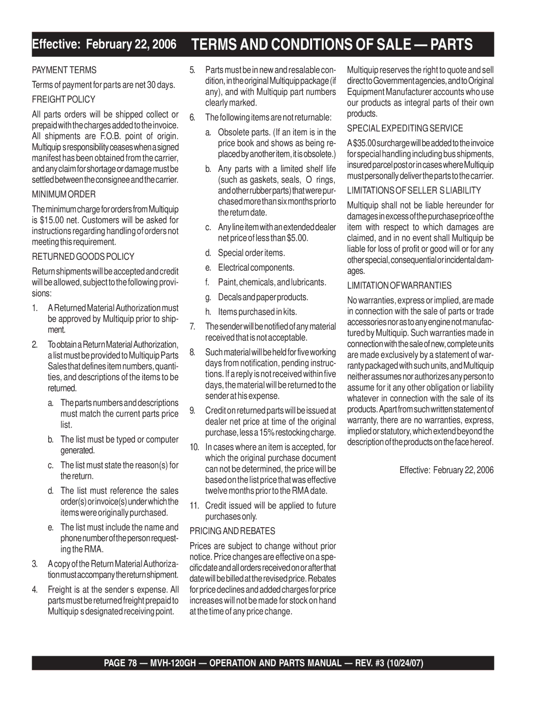 Multiquip manual MVH-120GH Operation and Parts Manual REV. #3 10/24/07, Freight Policy 