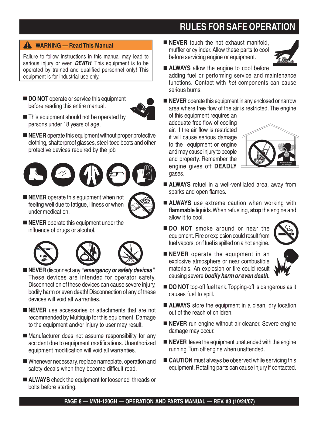 Multiquip manual Rules for Safe Operation, MVH-120GH Operation and Parts Manual REV. #3 10/24/07 