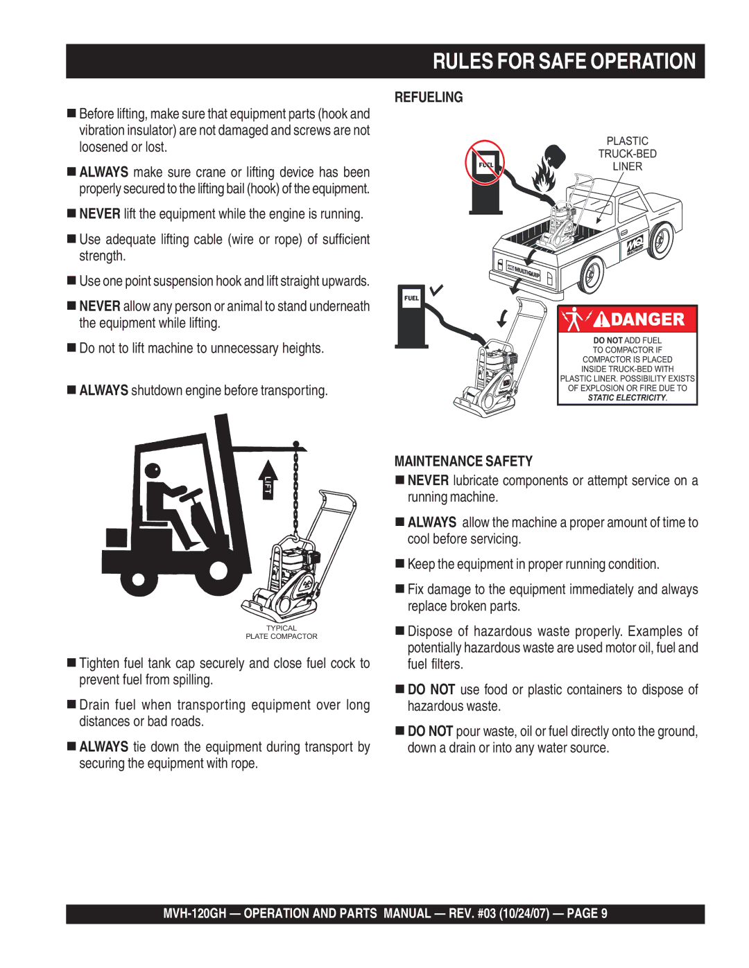 Multiquip MVH-120GH manual Rules for Safe Operation 