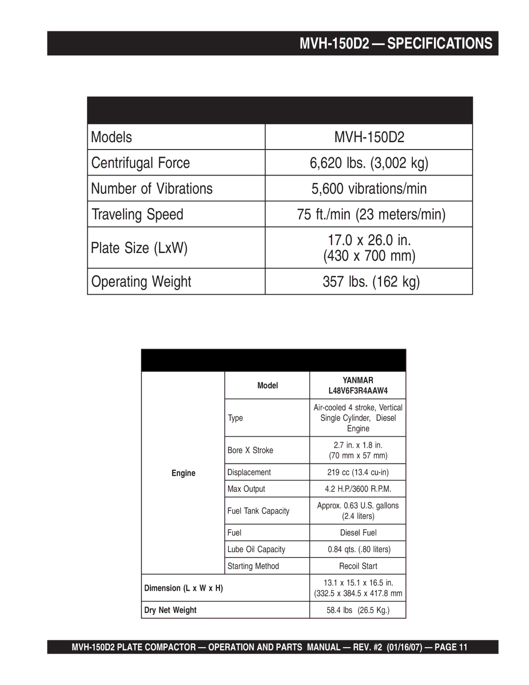 Multiquip manual Specifications Compactor, MVH-150D2 Specifications 