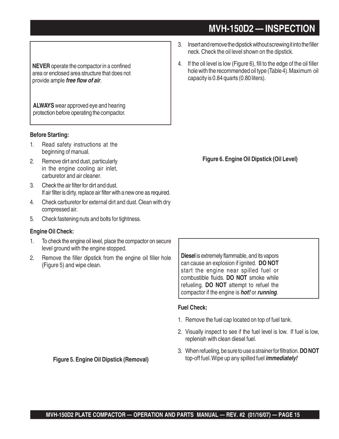 Multiquip manual MVH-150D2 Inspection, Before Starting, Engine Oil Check, Fuel Check 