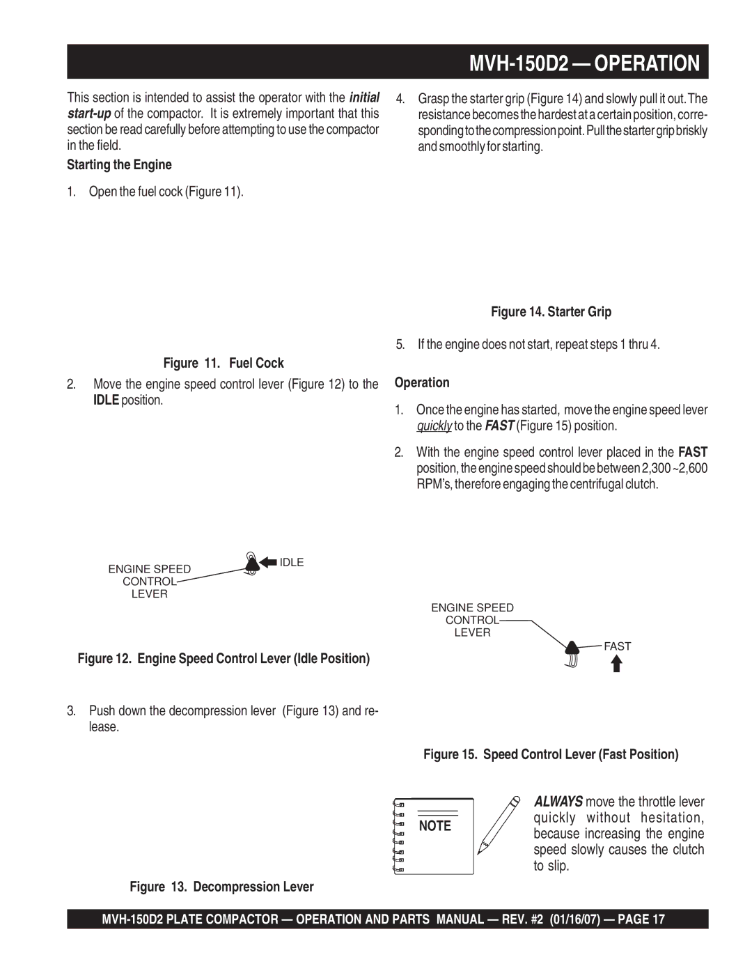 Multiquip manual MVH-150D2 Operation, Starting the Engine 