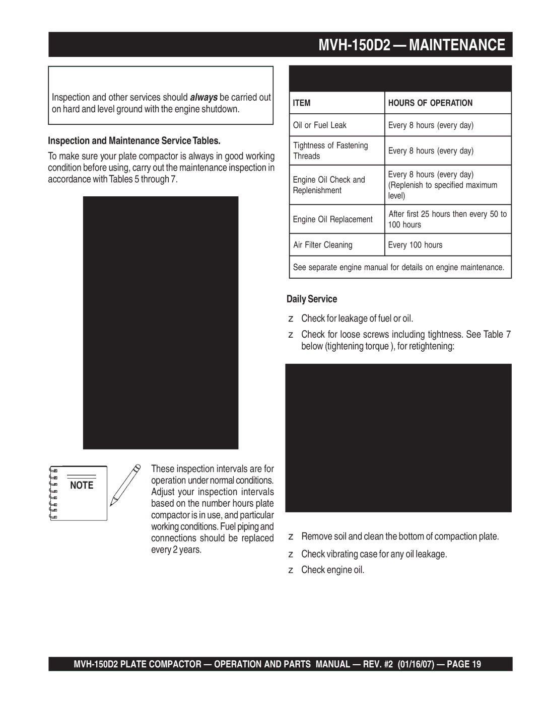 Multiquip manual MVH-150D2 Maintenance, Inspection and Maintenance Service Tables, Daily Service 