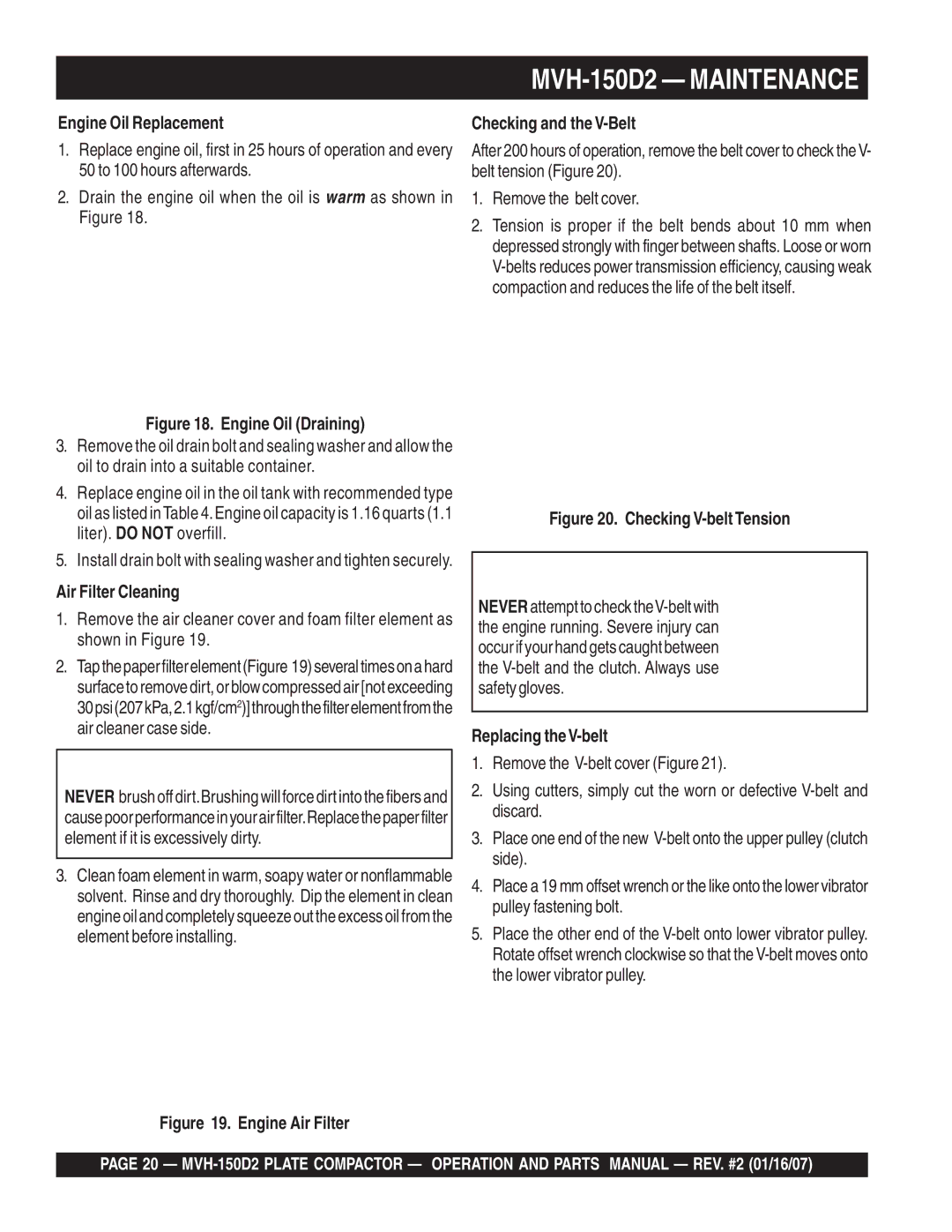 Multiquip manual MVH-150D2 Maintenance, Engine Oil Replacement, Air Filter Cleaning, Checking and the V-Belt 