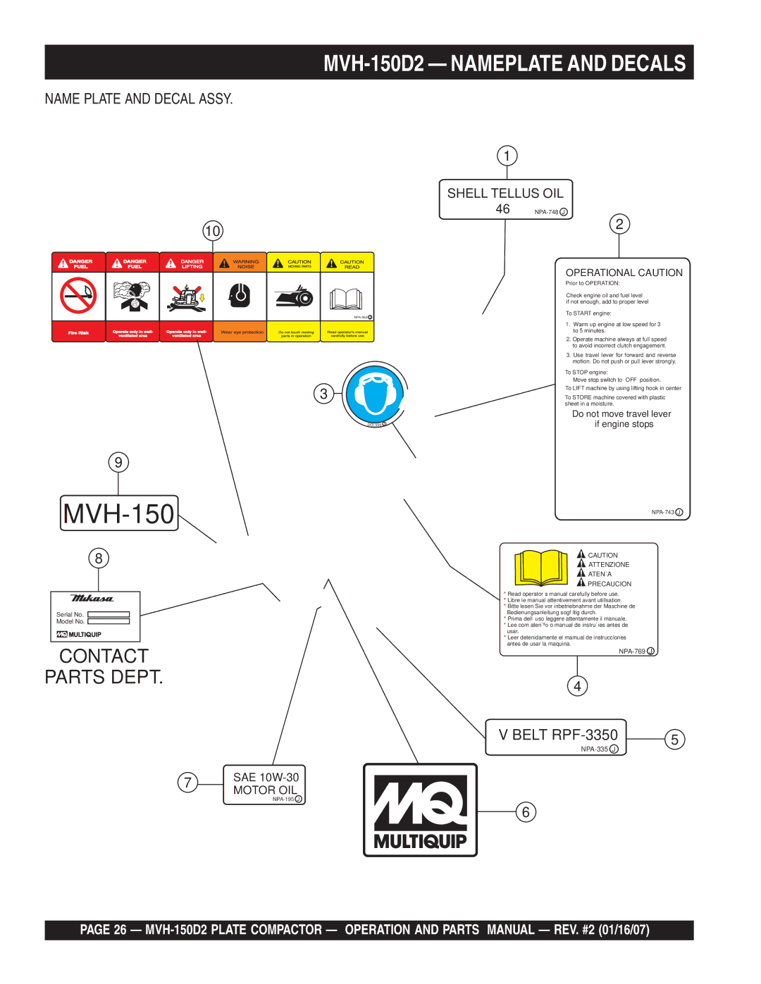 Multiquip manual MVH-150D2 Nameplate and Decals, Name Plate and Decal Assy 