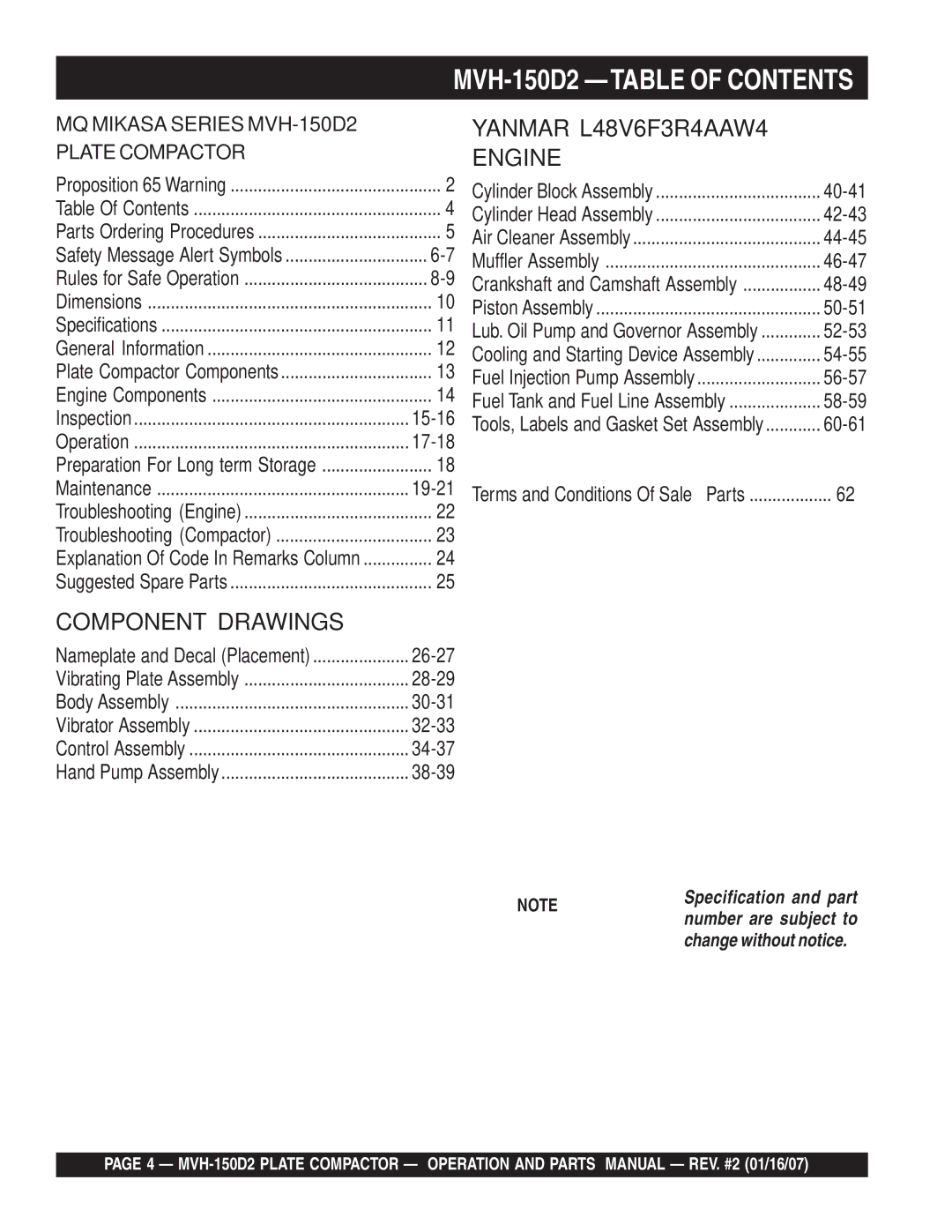 Multiquip manual MVH-150D2 -TABLE of Contents 