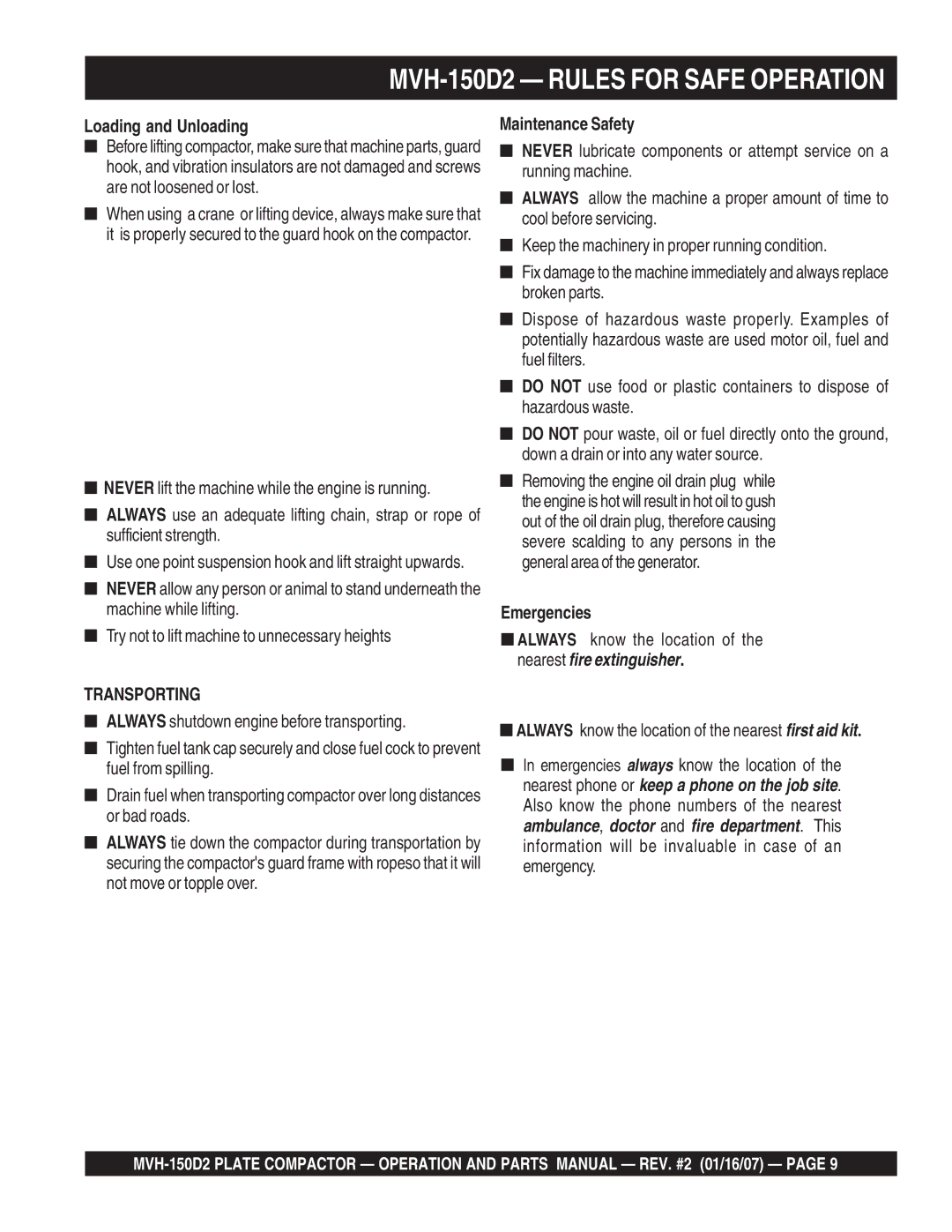 Multiquip MVH-150D2 manual Loading and Unloading, Maintenance Safety, Emergencies 