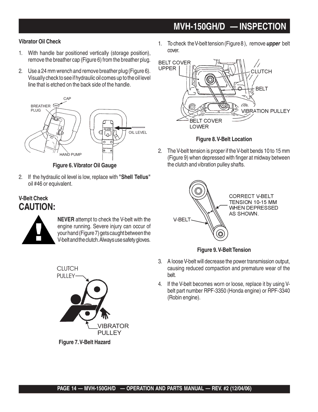 Multiquip MVH-150GH, MVH-150D manual Belt Check, To check theV-belt tension , remove upper belt cover 