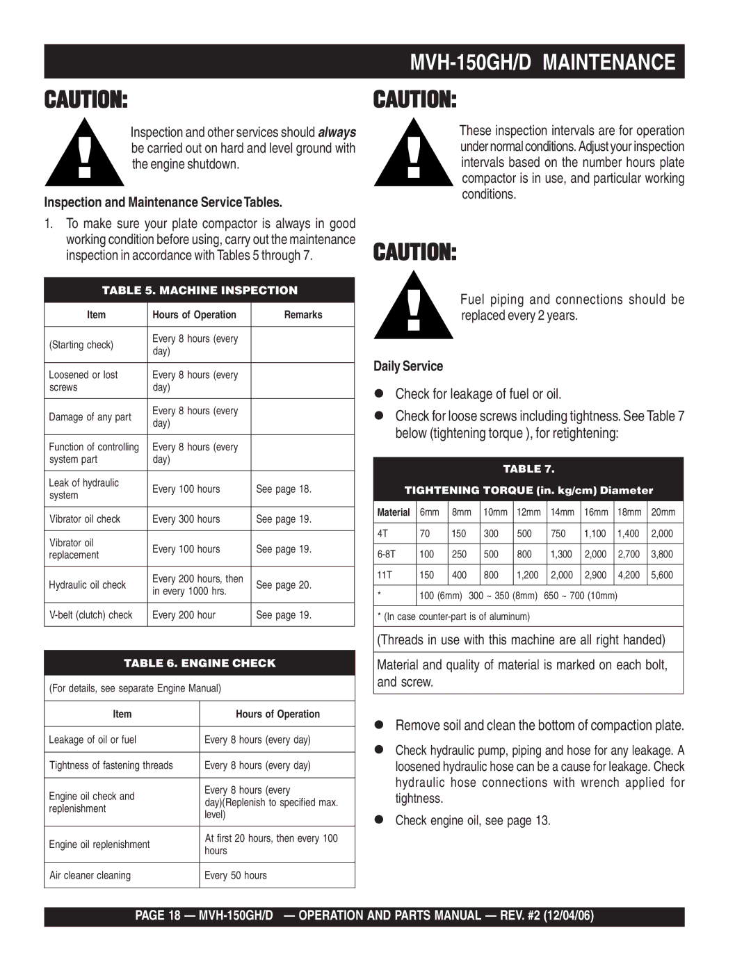 Multiquip MVH-150D manual MVH-150GH/D Maintenance, Inspection and Maintenance ServiceTables, Daily Service 