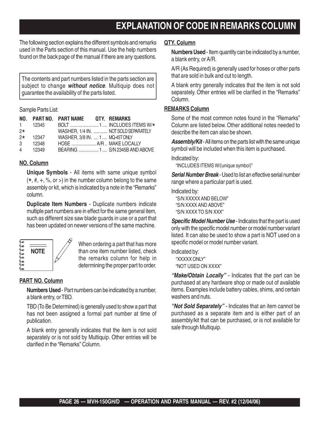 Multiquip MVH-150GH, MVH-150D manual Part NO. Column, QTY. Column, Remarks Column 