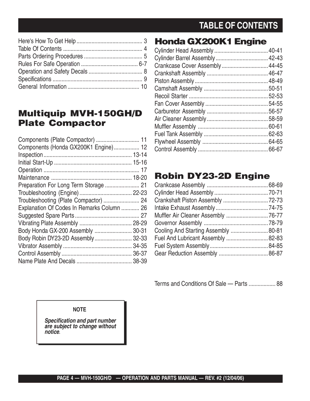 Multiquip MVH-150GH, MVH-150D manual Table of Contents 