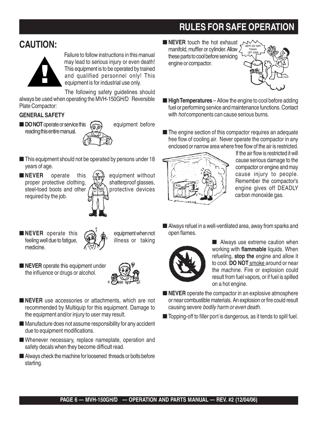 Multiquip MVH-150GH, MVH-150D manual Rules for Safe Operation, DONOToperateorservicethis, Illness or taking, Medicine 