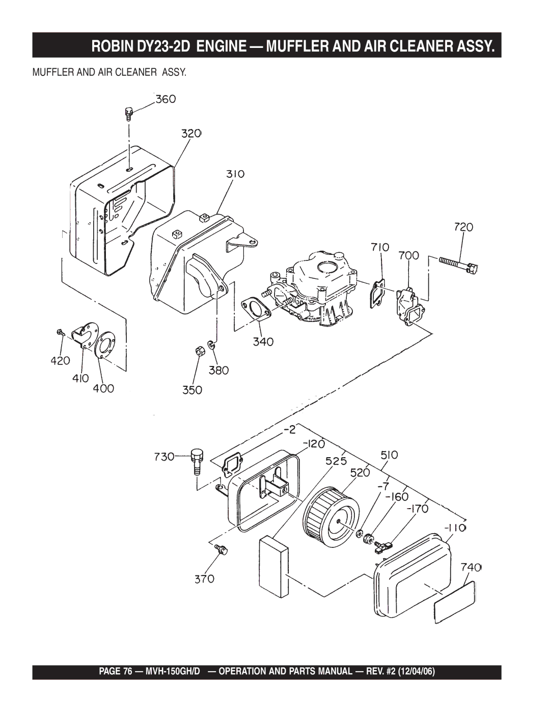 Multiquip MVH-150GH, MVH-150D manual Robin DY23-2D Engine Muffler and AIR Cleaner Assy 