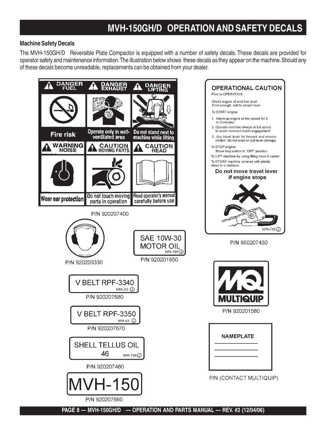 Multiquip MVH-150D manual MVH-150GH/D Operation and Safety Decals, Machine Safety Decals 