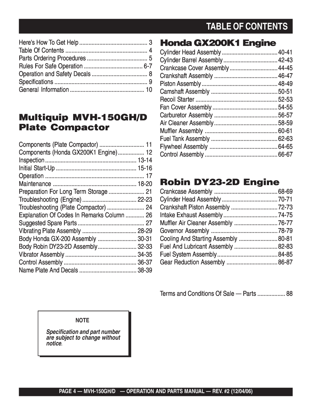Multiquip manual Table Of Contents, Multiquip MVH-150GH/D Plate Compactor, Honda GX200K1 Engine, Robin DY23-2D Engine 