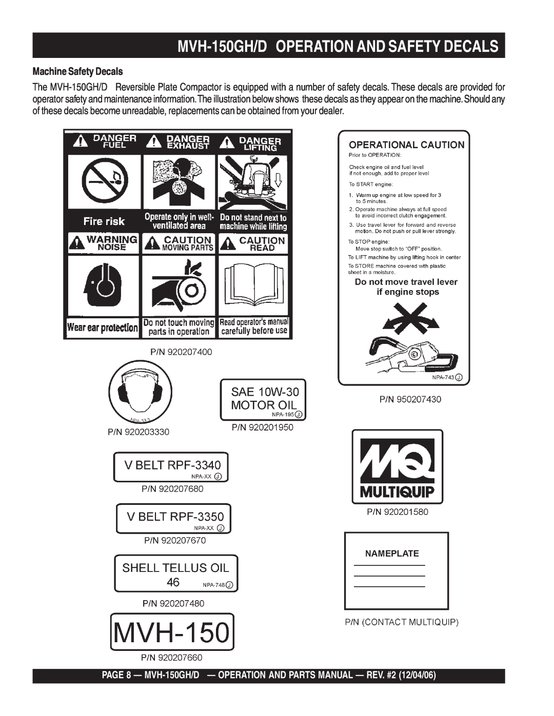 Multiquip MVH-150D manual MVH-150GH/D OPERATION AND SAFETY DECALS, Machine Safety Decals 