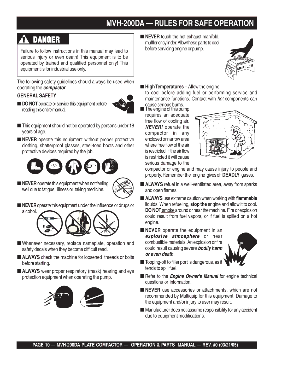 Multiquip manual MVH-200DA Rules for Safe Operation, Alcohol 