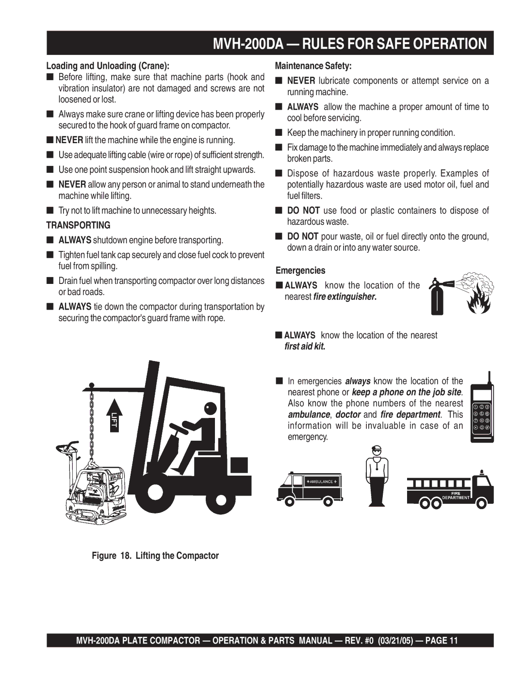 Multiquip MVH-200DA Loading and Unloading Crane, Never lift the machine while the engine is running, Maintenance Safety 