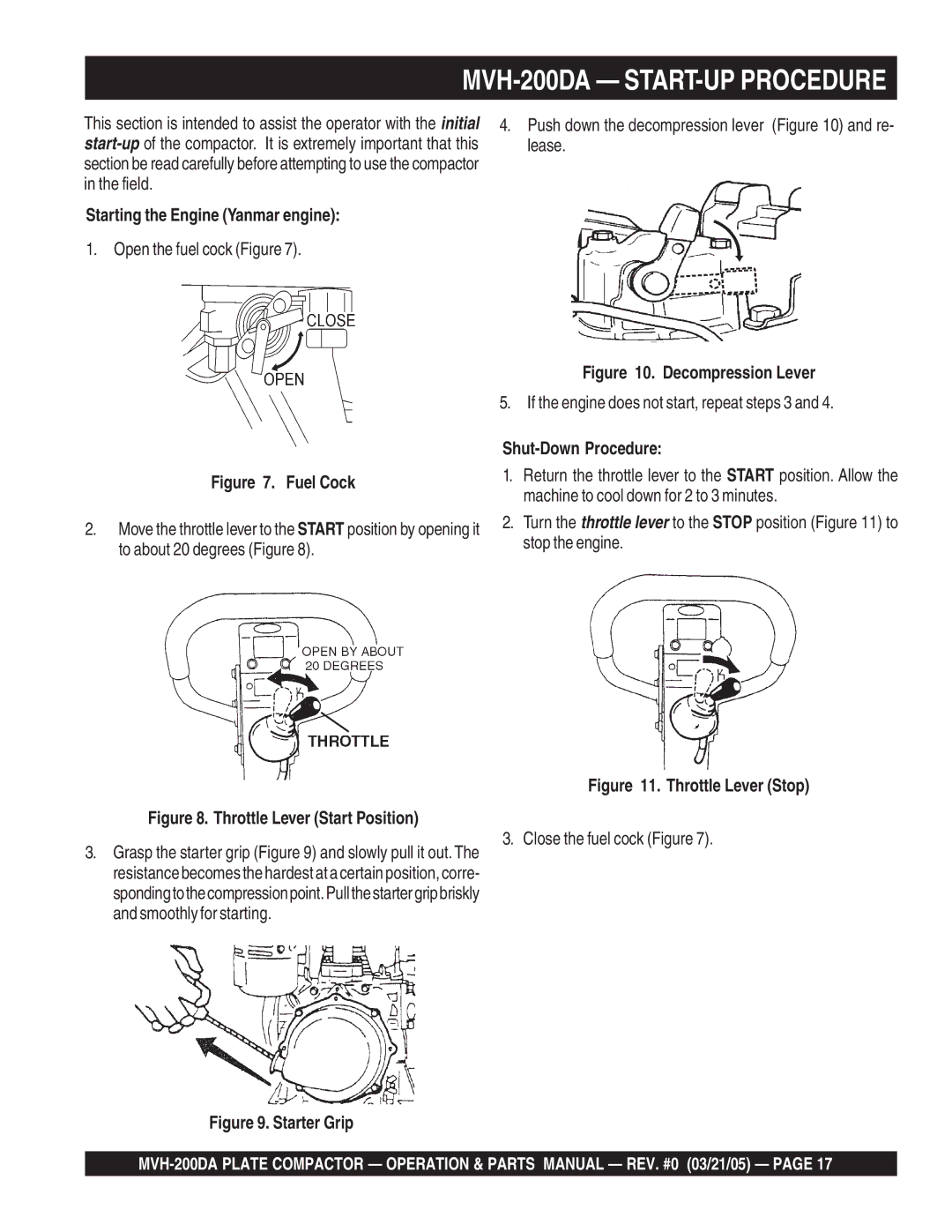Multiquip MVH-200DA manual Starting the Engine Yanmar engine, Shut-Down Procedure 