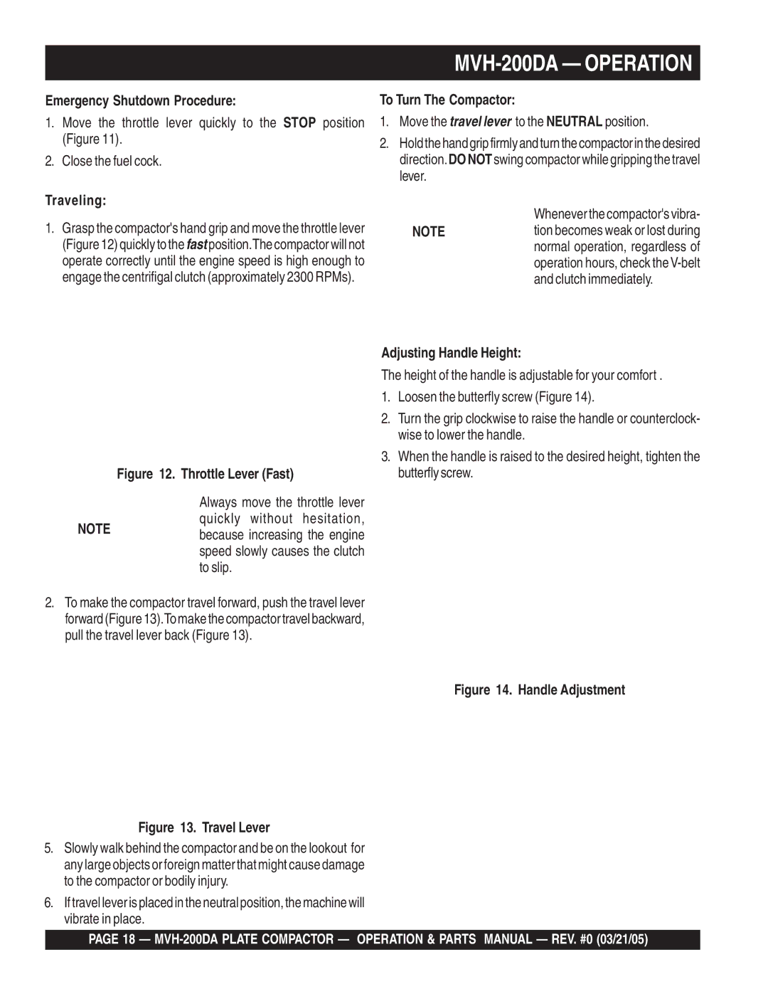 Multiquip manual MVH-200DA Operation, Emergency Shutdown Procedure, Traveling, To Turn The Compactor 