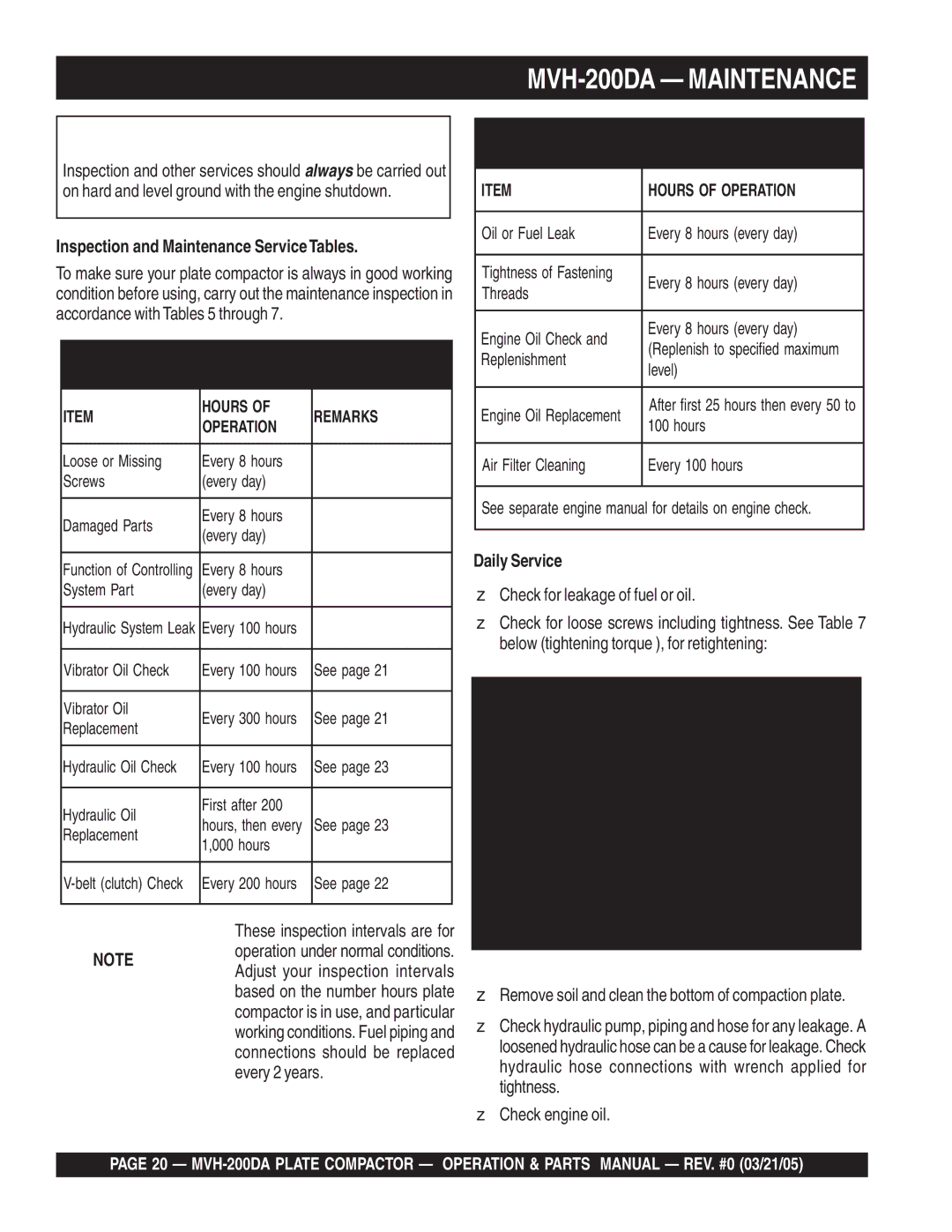 Multiquip manual MVH-200DA Maintenance, Inspection and Maintenance ServiceTables, Daily Service 