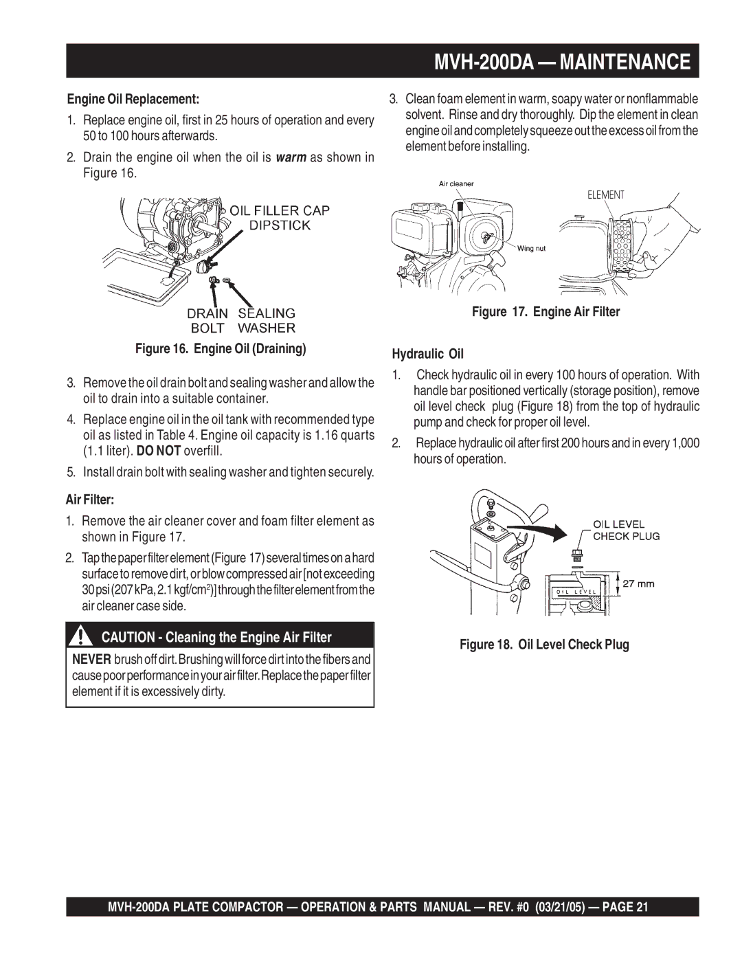 Multiquip MVH-200DA manual Engine Oil Replacement, Air Filter 