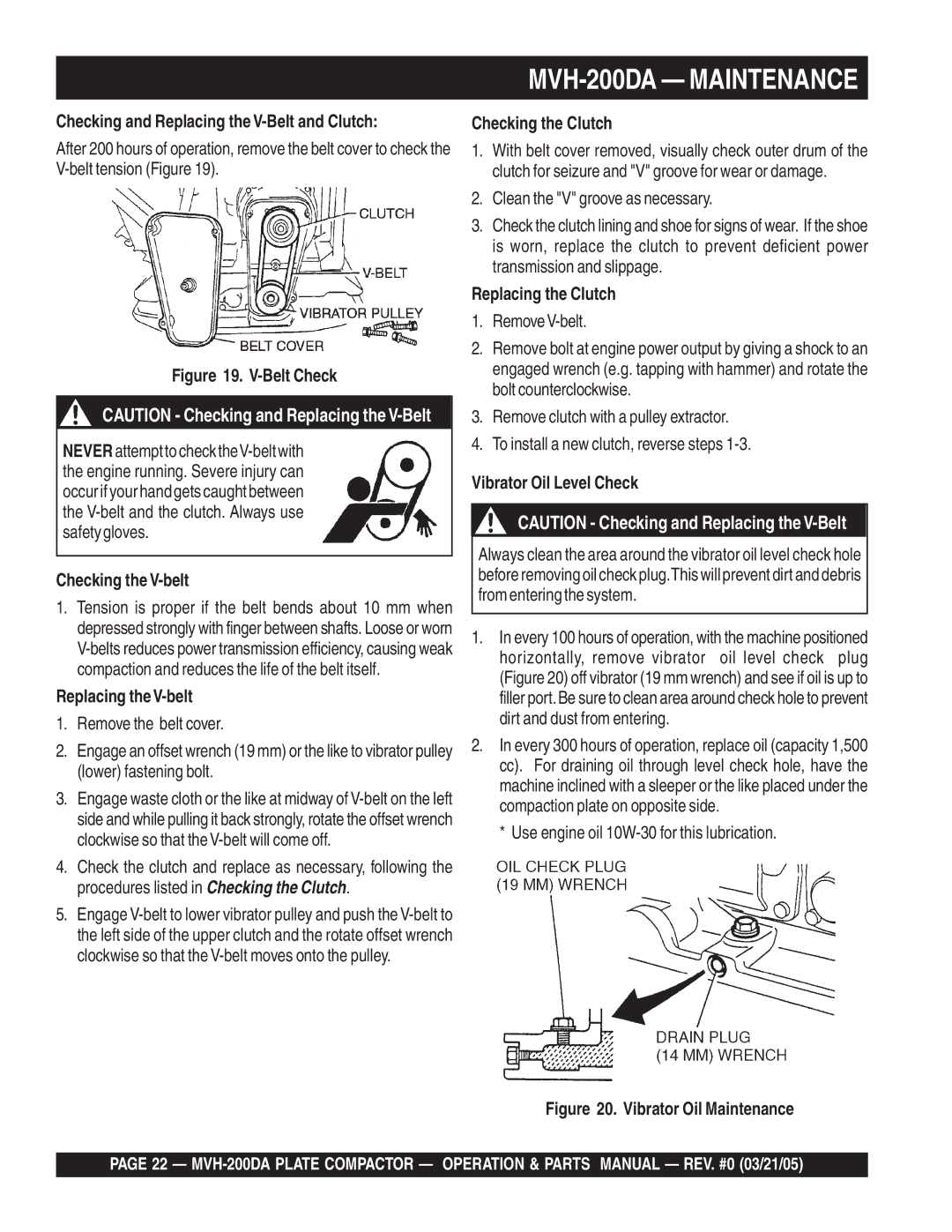 Multiquip MVH-200DA manual Checking and Replacing the V-Belt and Clutch, Checking the V-belt, Replacing theV-belt 