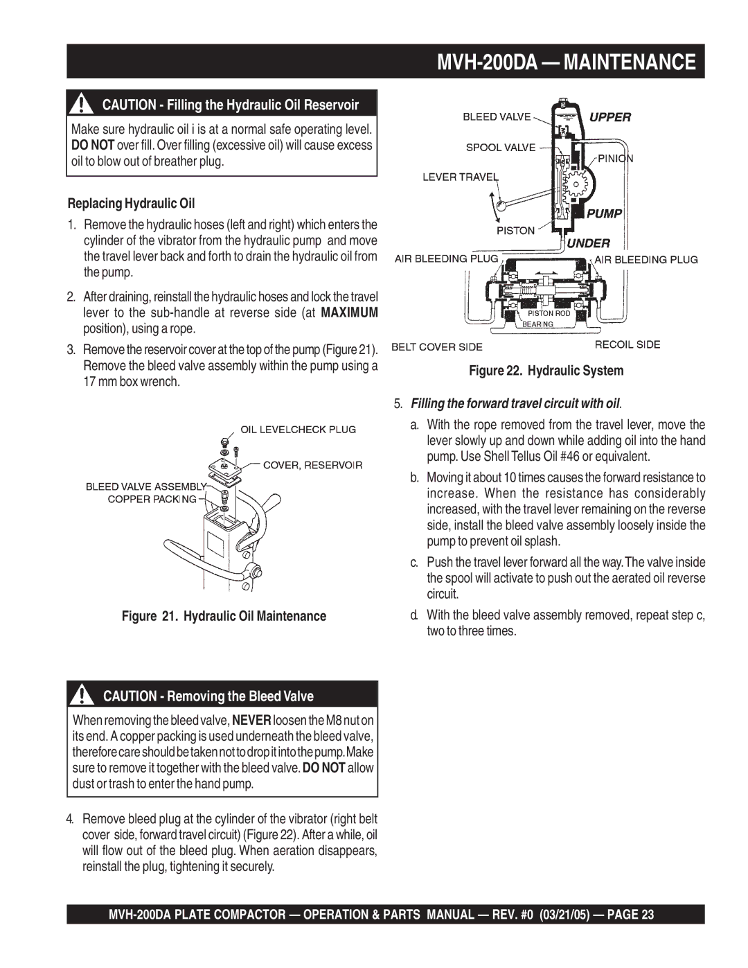 Multiquip MVH-200DA manual Replacing Hydraulic Oil, Hydraulic Oil Maintenance 